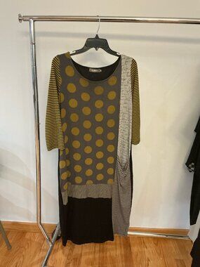 Alembika Mixed Print Polka Dot Stripe Midi Dress Gray Mustard Size 3